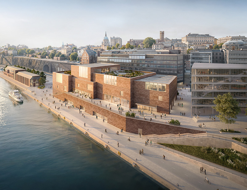 Rendering av Nya Nobelcentret i Stockholm, en publik byggnad på 13 000 kvm vid Stadsgårdskajen med byggstart planerad till 2027